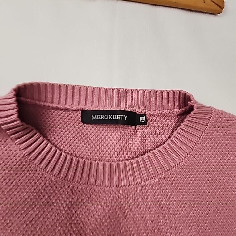 Long Sleeve Waffle Knit Sweater Crew Neck Pink Pullover XXL Oversized MEROKEETY - Picture 2 of 4